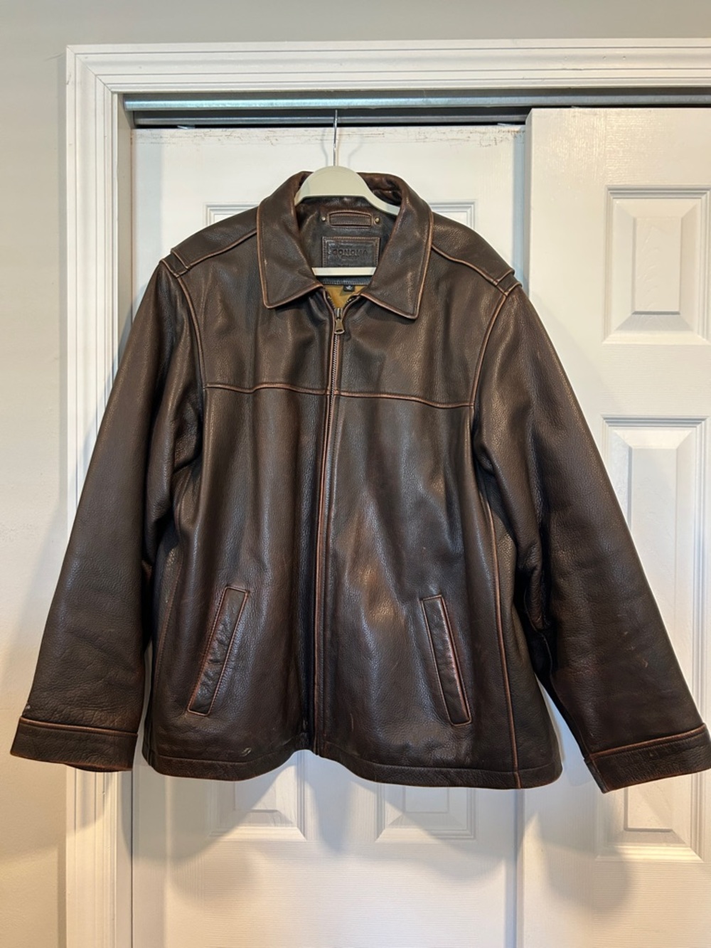 Men's Dark Brown Distressed Leather Bomber Jacket with Zip Front
